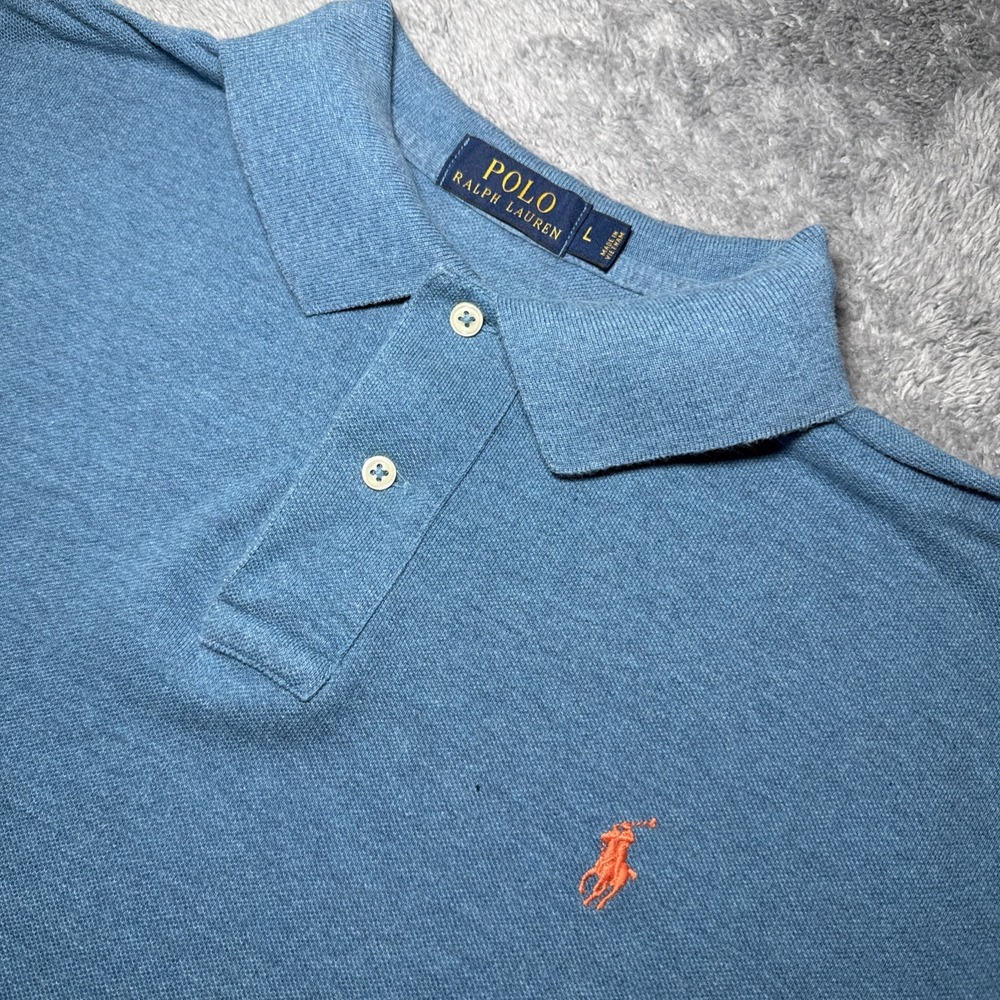 Polo Ralph Lauren Men's Large Blue Short Sleeve Shirt Orange Pony 100% Cotton